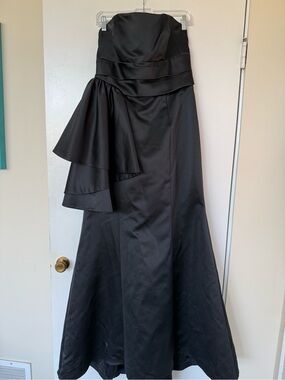 Strapless Black Satin Evening Gown with Side Draped Detail